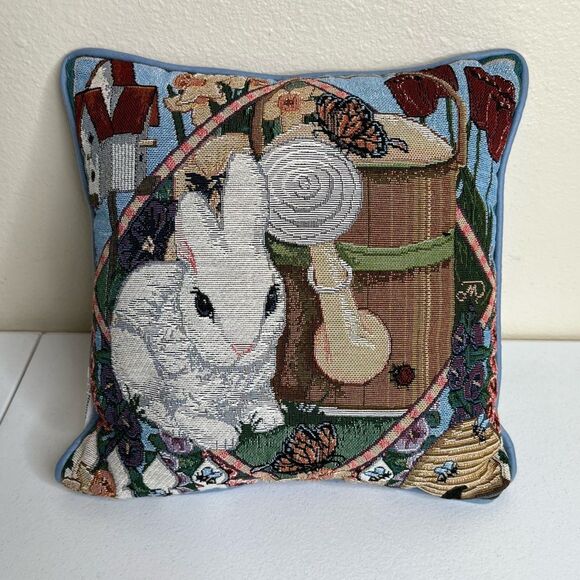 Vintage Bunny Rabbit Tapestry Pillow Simply Country Garden Visitors Cottagecore - Picture 1 of 10